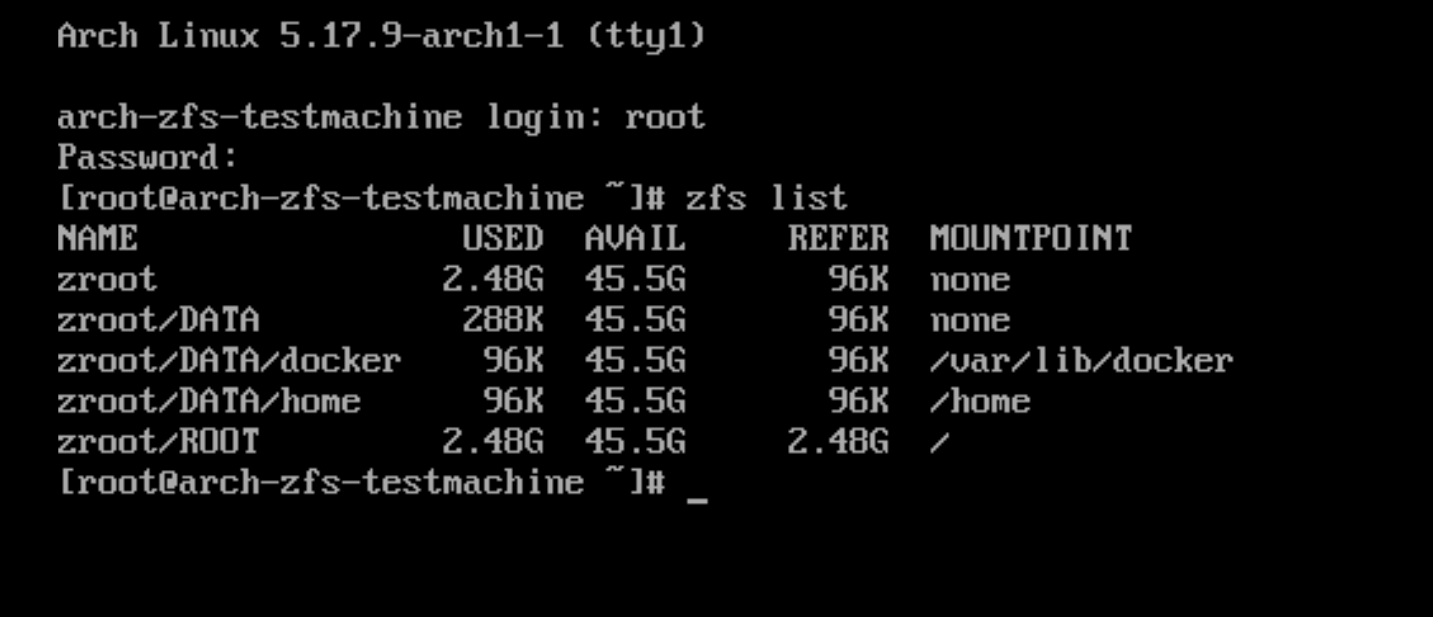 A freshly booted ArchLinux installation running on top of ZFS